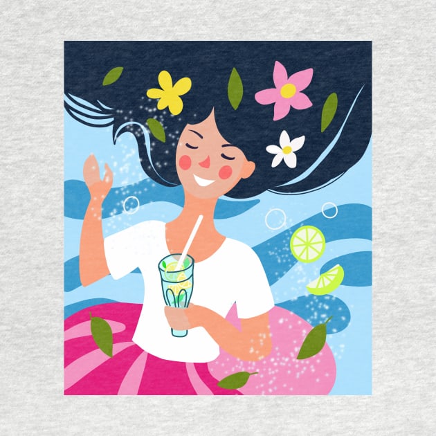 cartoon girl on the background of the sea drinks a mojito cocktail in summer cartoon girl on the background of the sea drinks a mojito cocktail in summer by sonaart